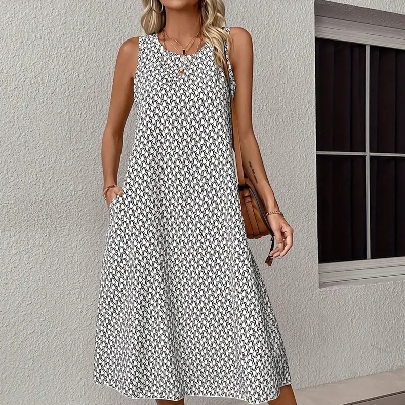 Round Neck Sleeveless Printed Midi Dress