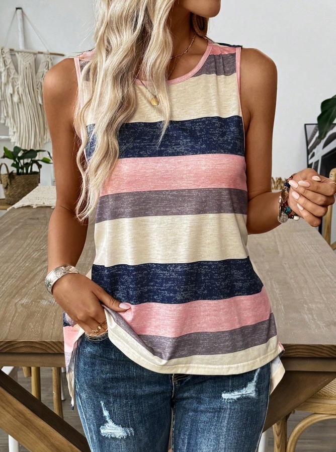 Summer Stripe Print Sleeveless Cross Back Casual Vest Women's T-Shirt