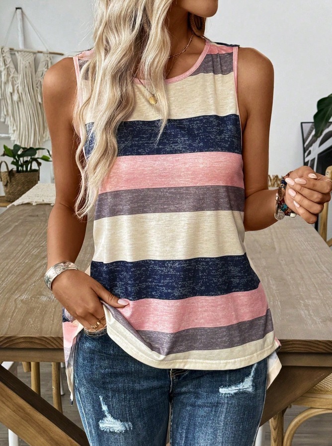 Summer Stripe Print Sleeveless Cross Back Casual Vest Women's T-Shirt
