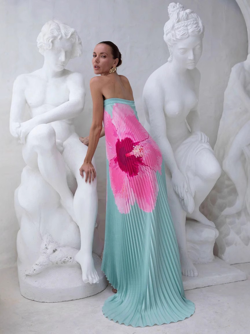 Pleated printed halter back tube dress