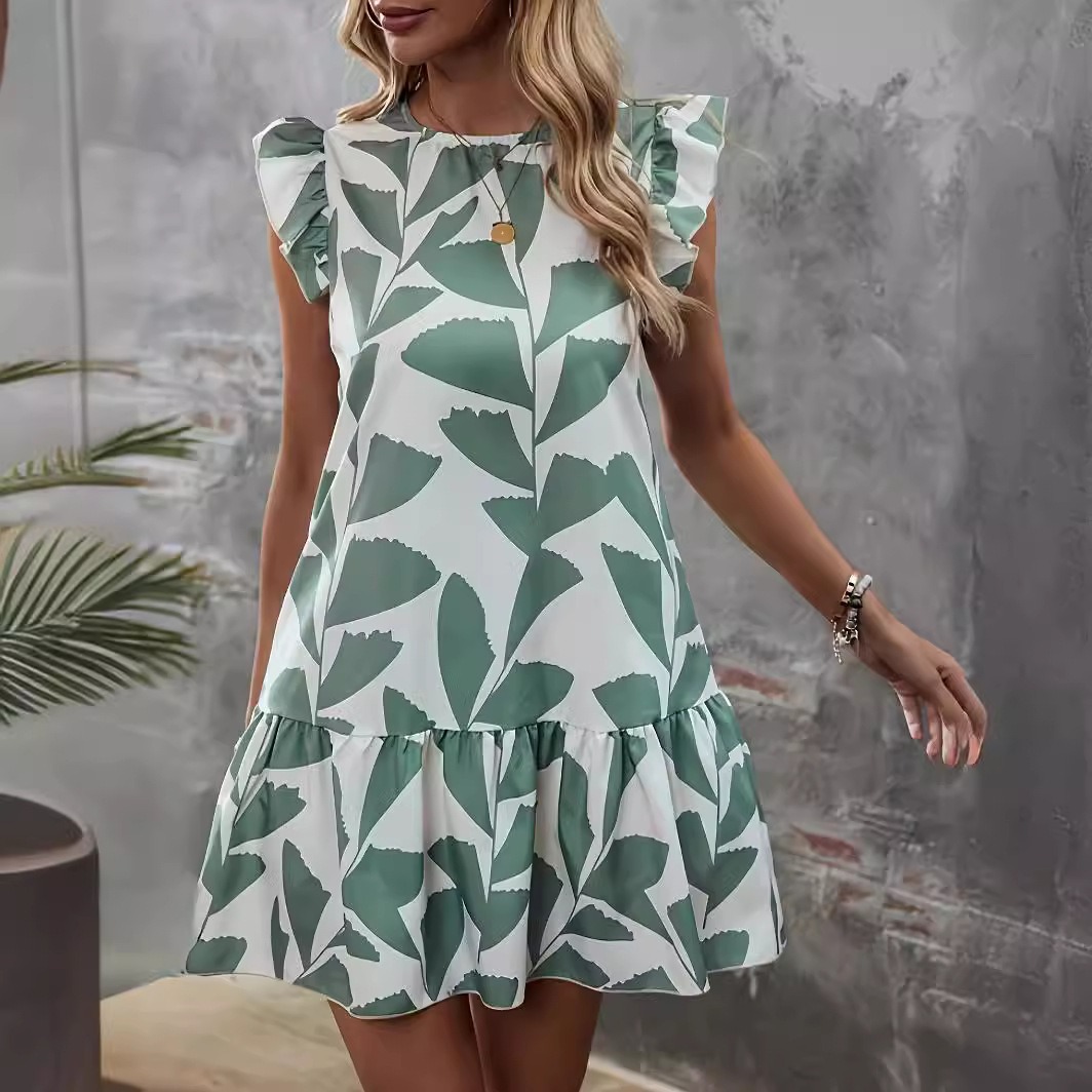 Lotus leaf sleeve loose round neck printed short skirt temperament elegant dress