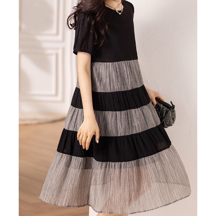 Temperament splicing loose round neck dress for women