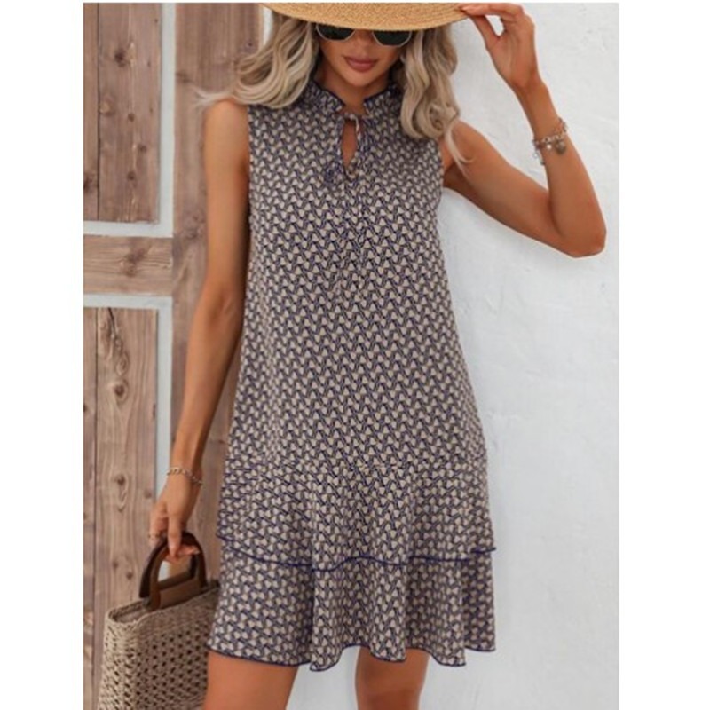 Bohemian Print V-Neck Tie Sleeveless Dress