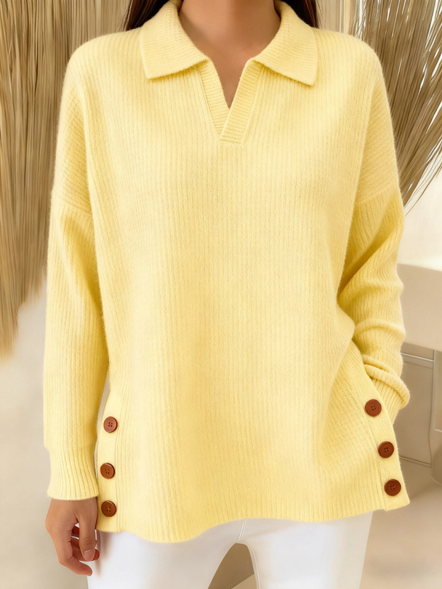 Casual Polo Neck Side Slit Button Waffle Pullover Top