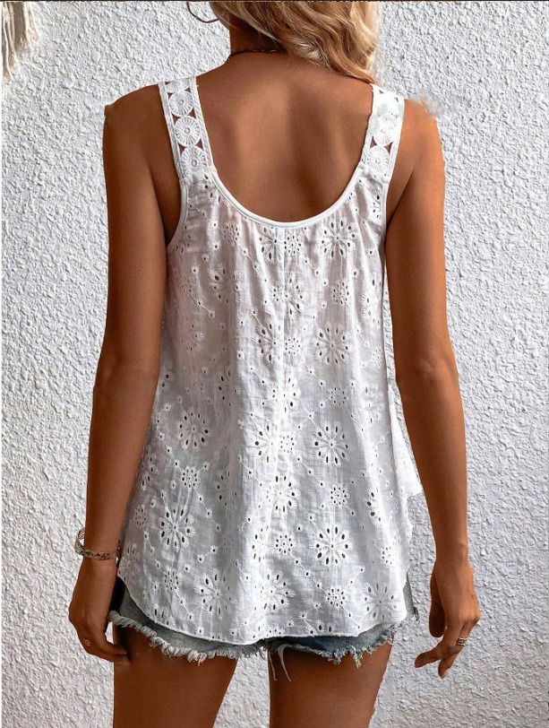 Round Neck Loose Sleeveless Embroidered Vest Top