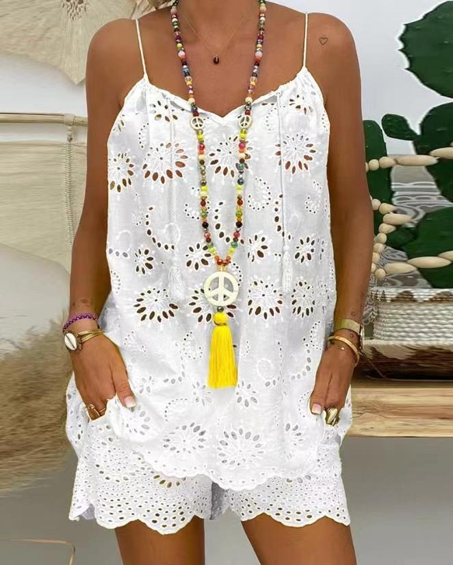 Sleeveless Drawstring Ruffled Hollow Camisole Embroidered Shorts Set