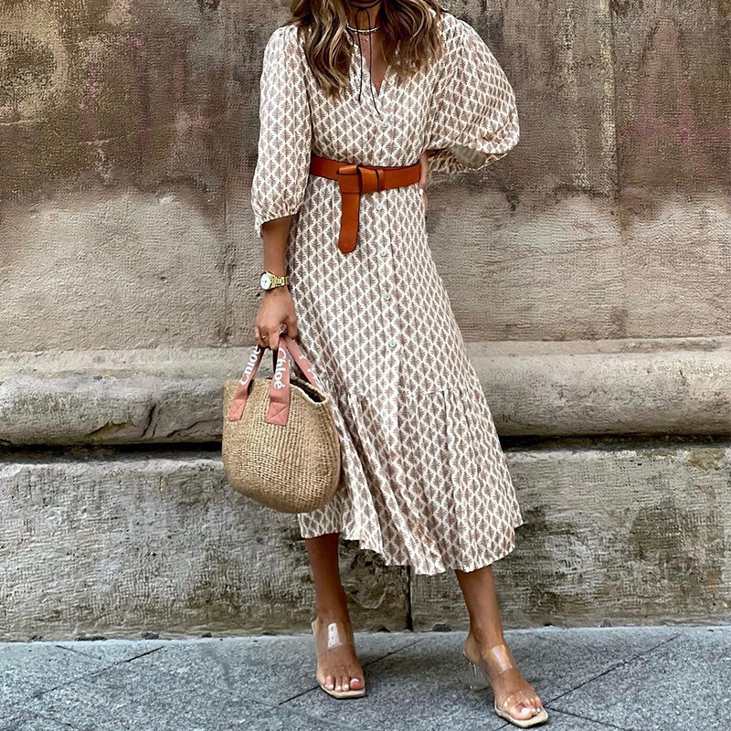 Fashion Print V-Neck Simple Temperament Long Dress