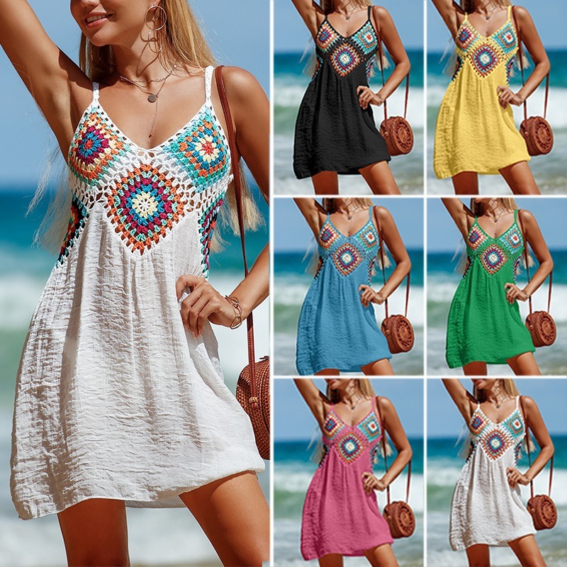 Hand-crocheted colorful V-neck pullover hollow breathable beach bikini cover-up dress