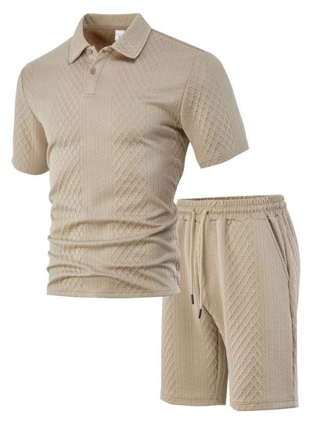 Urbntees Men's Solid Polo Shirt & Drawstring Waist Shorts Set, Cozy Breathable Two-piece Outfits for Daily Outdoor Wear, Men Clothes for Summer