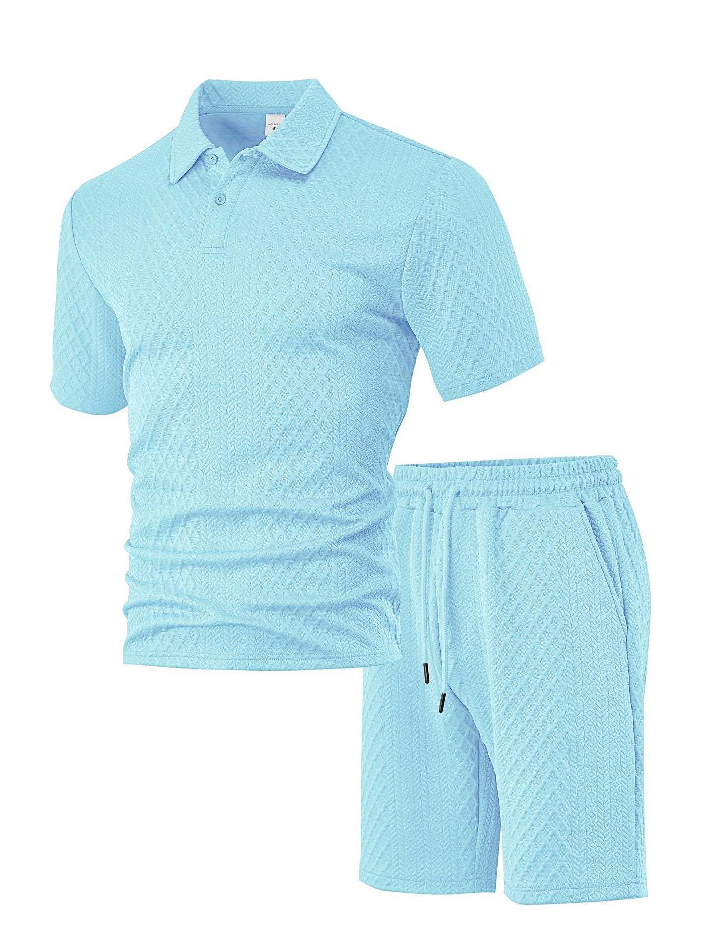 Urbntees Men's Solid Polo Shirt & Drawstring Waist Shorts Set, Cozy Breathable Two-piece Outfits for Daily Outdoor Wear, Men Clothes for Summer