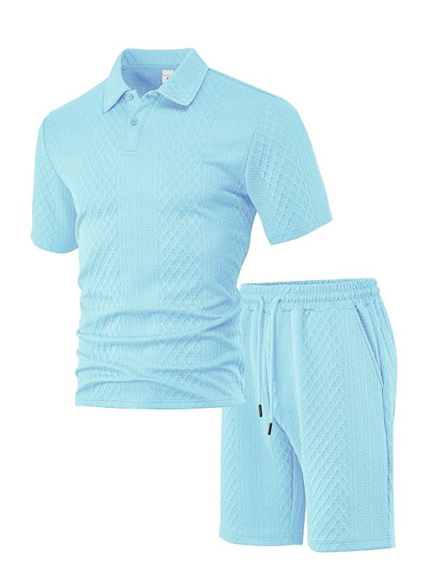 Urbntees Men's Solid Polo Shirt & Drawstring Waist Shorts Set, Cozy Breathable Two-piece Outfits for Daily Outdoor Wear, Men Clothes for Summer