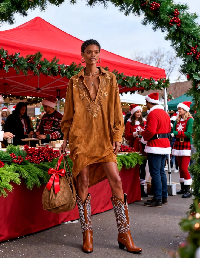 Loose lapel V-neck printed long-sleeved midi dress