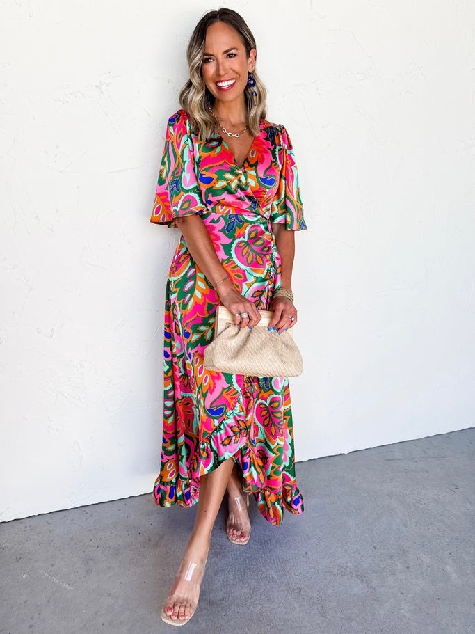 Elegant floral flared ruffled holiday dress