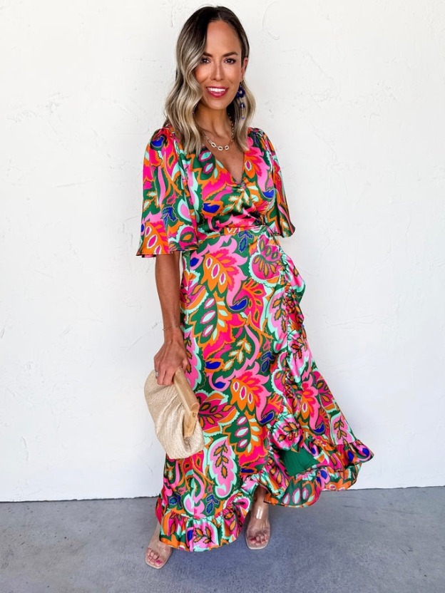 Elegant floral flared ruffled holiday dress