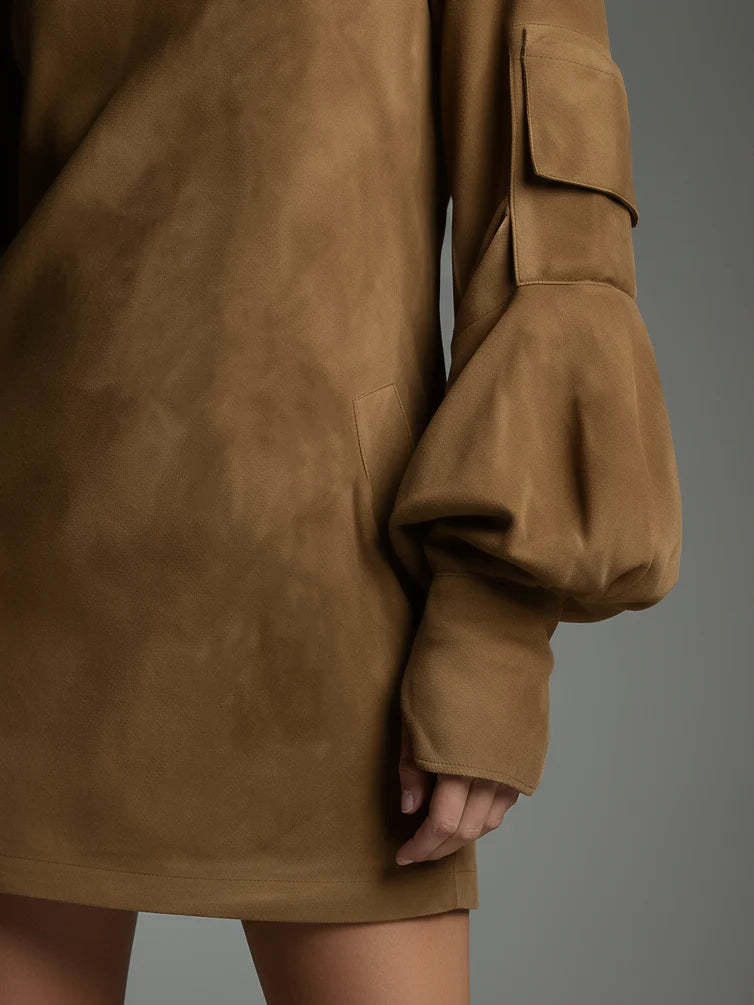 Vintage Loose Suede Turtleneck Mini Dress