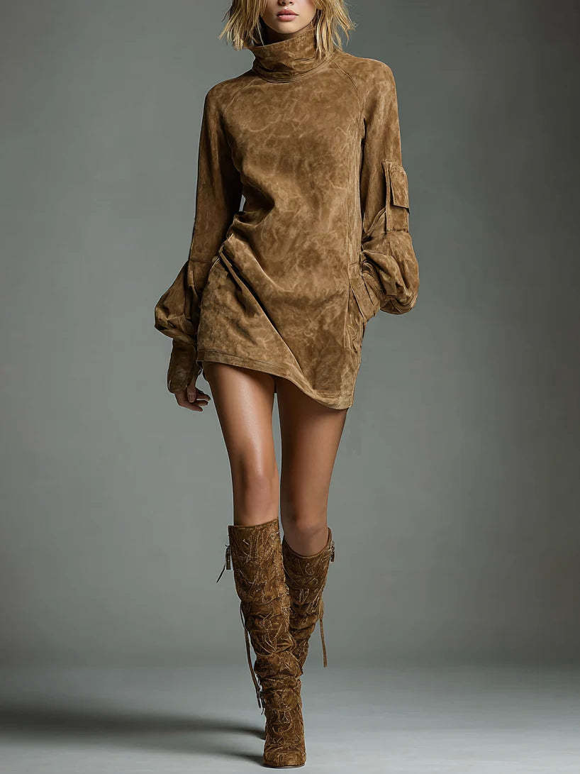 Vintage Loose Suede Turtleneck Mini Dress