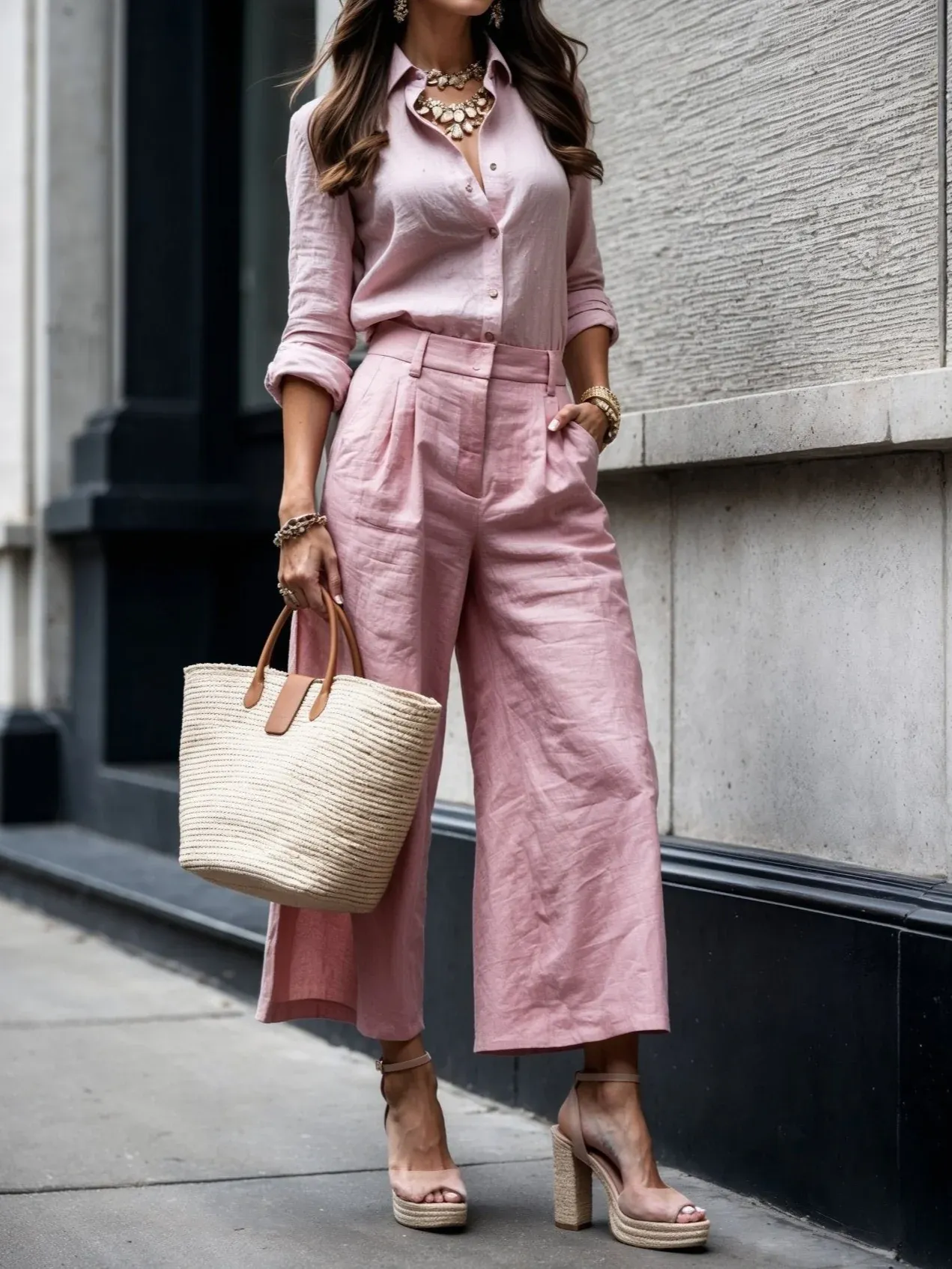 Pink Capri Pants and Loose Shirt Linen Set