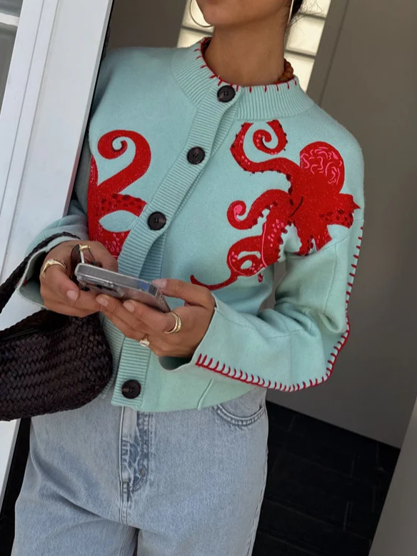 Fun Octopus Pattern Knitted Cardigan