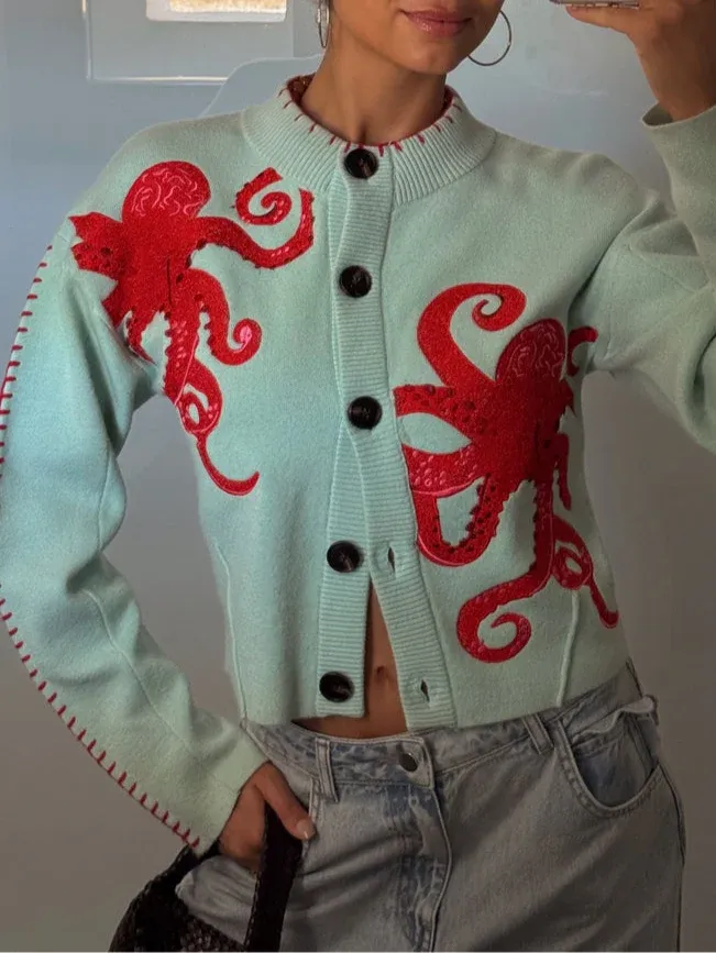 Fun Octopus Pattern Knitted Cardigan