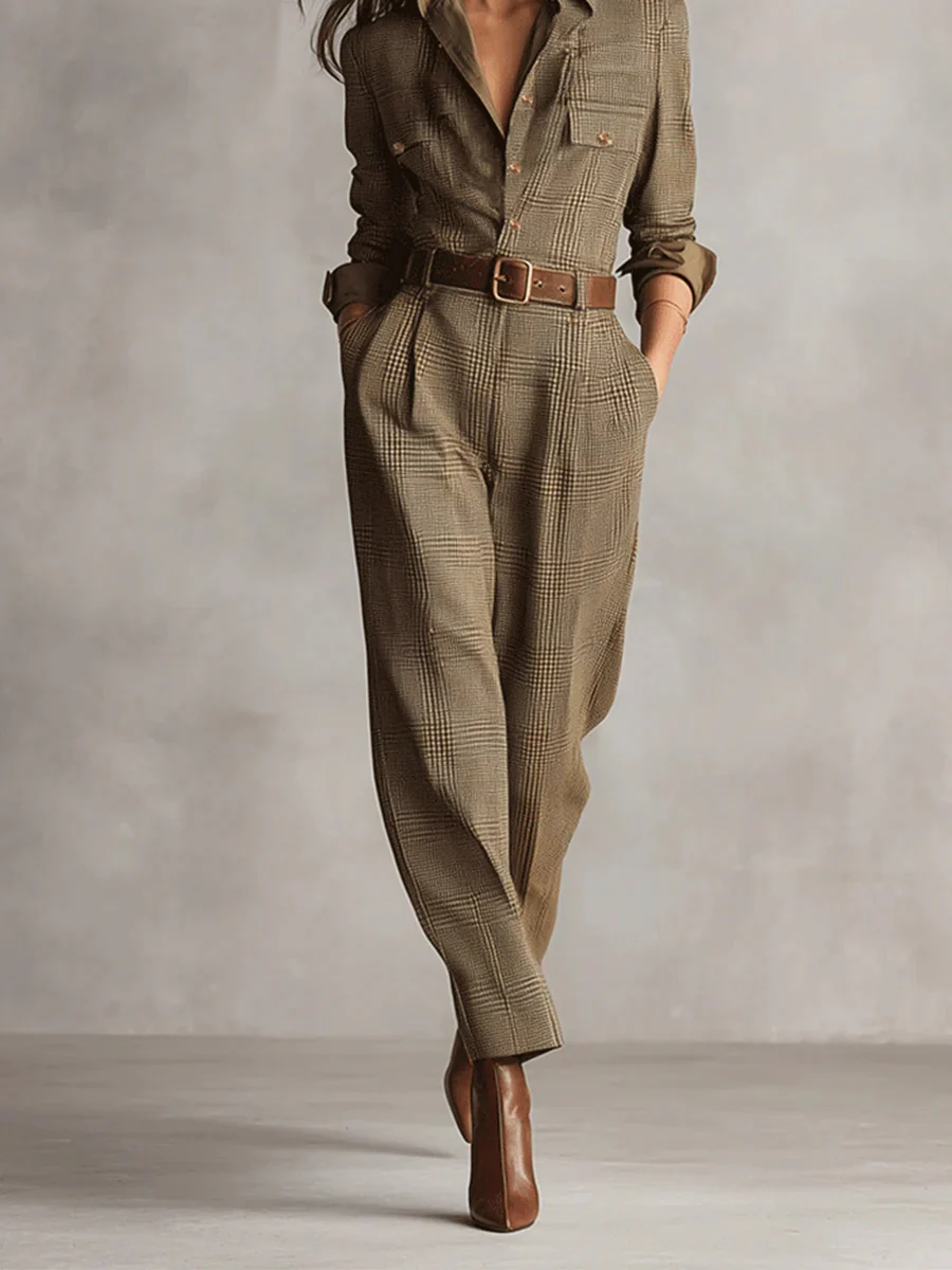 Brown Sophisticated Tweed Texture Plaid Utility Jumpsuit
