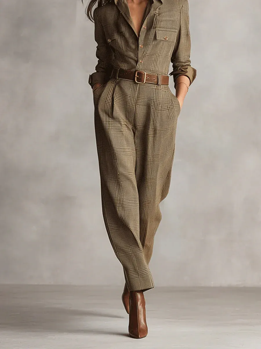 Brown Sophisticated Tweed Texture Plaid Utility Jumpsuit