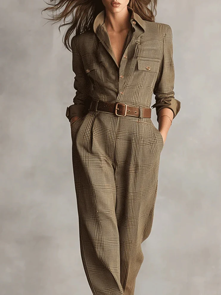 Brown Sophisticated Tweed Texture Plaid Utility Jumpsuit
