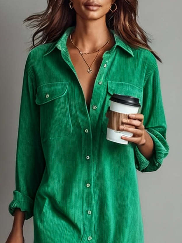 Loose Corduroy Double Chest Pocket Single Breasted Midi Dress