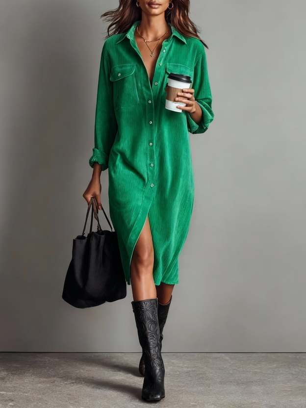 Loose Corduroy Double Chest Pocket Single Breasted Midi Dress