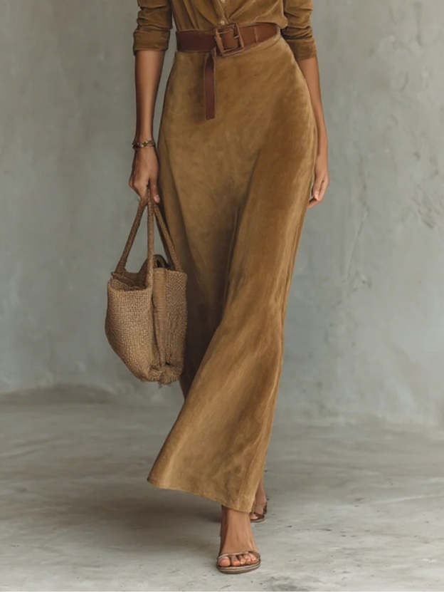 Suede Single-breasted Lapel Maxi Dress