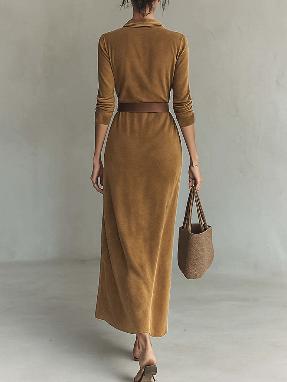 Suede Single-breasted Lapel Maxi Dress