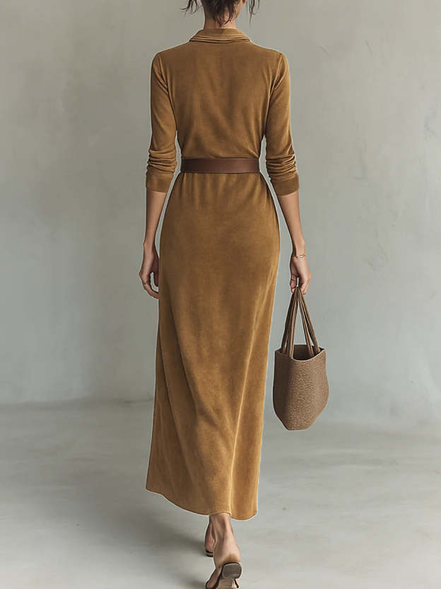 Suede Single-breasted Lapel Maxi Dress