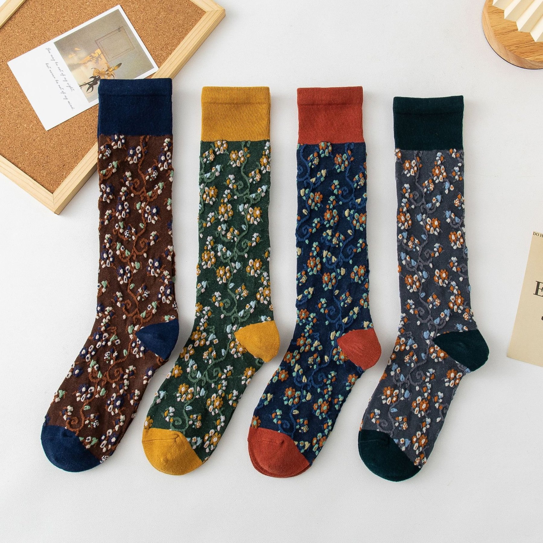 4 Pairs Womens Floral Long Cotton Socks