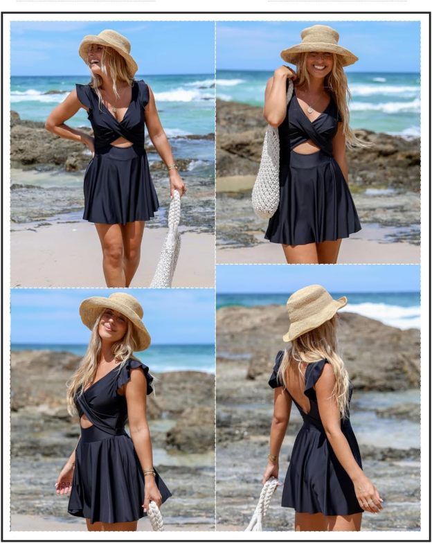 Women's One Piece Swimsuit Ruffle Cutout Swimdress Tummy Control V Neck Wrap Swimwear