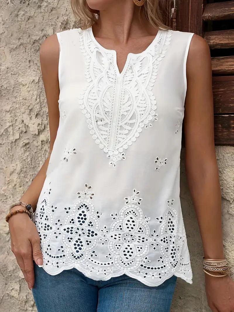 [Holiday Cheer] Women's Elegant White Lace V-Neck Tank Top - Intricate Geometric Patterns, Scalloped Hem, Semi-Sheer Summer Fashion Blouse, Summer Fashion Top | Vneck Blouse | Woven Texture, Lace Tank Top
