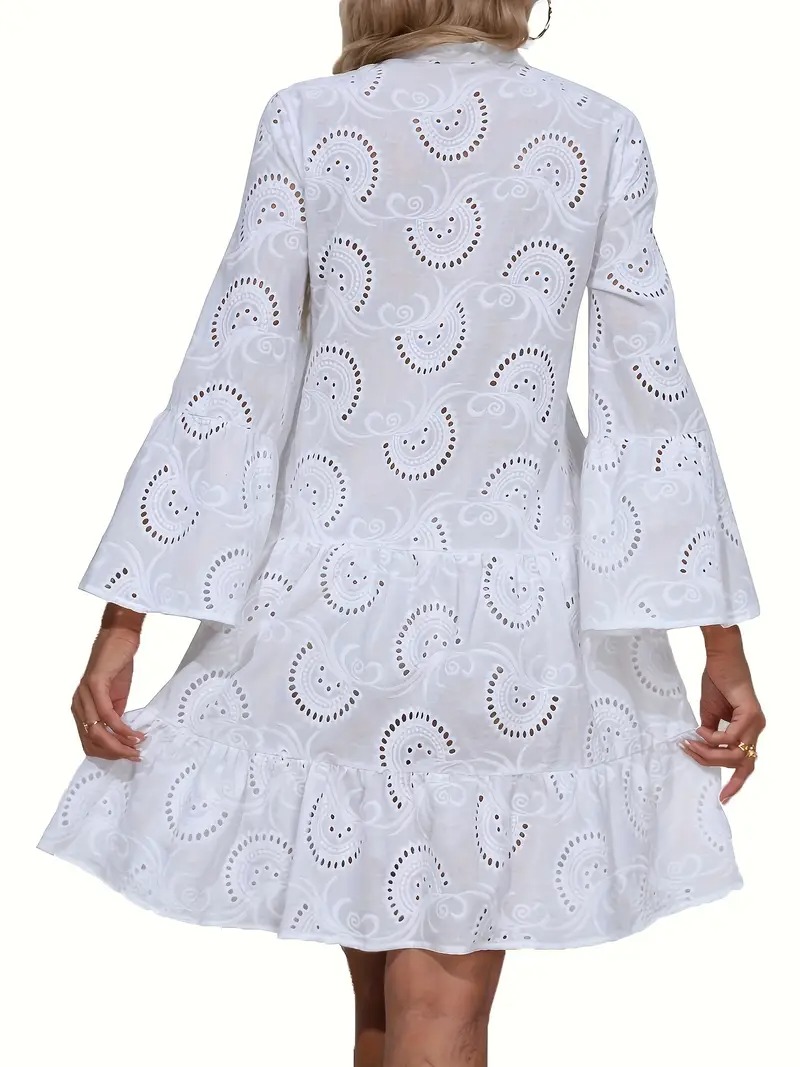 Elegant Women's Black V-Neck Shirt Dress with Embroidered Pearl Buttons and Flared Sleeves - Lightweight