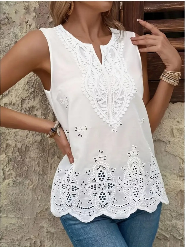 [Holiday Cheer] Women's Elegant White Lace V-Neck Tank Top - Intricate Geometric Patterns, Scalloped Hem, Semi-Sheer Summer Fashion Blouse, Summer Fashion Top | Vneck Blouse | Woven Texture, Lace Tank Top