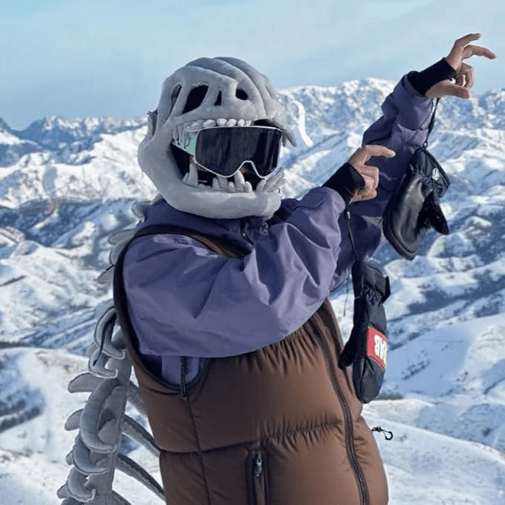 DinoRoar costume on snowy ski mountain