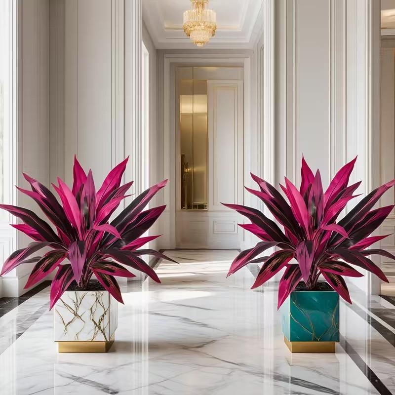 2pcs Large Realistic Artificial Boston Fern & Dragon's Blood Tree Plants with Vibrant Pink/Purple Leaves - Heavy-Duty Durable Plastic /Outdoor Fake Suitable for Garden, Patio, Wedding, Balcony, for all-Season Holiday Decor (No Maintenance)