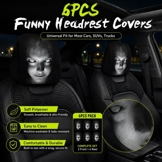🔥😆 Funny Cartoon Car Headrest Covers – 2PCS Universal Fit 🚗