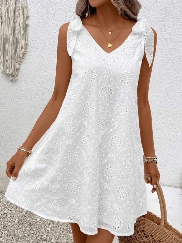 V-neck embroidered hollow dress