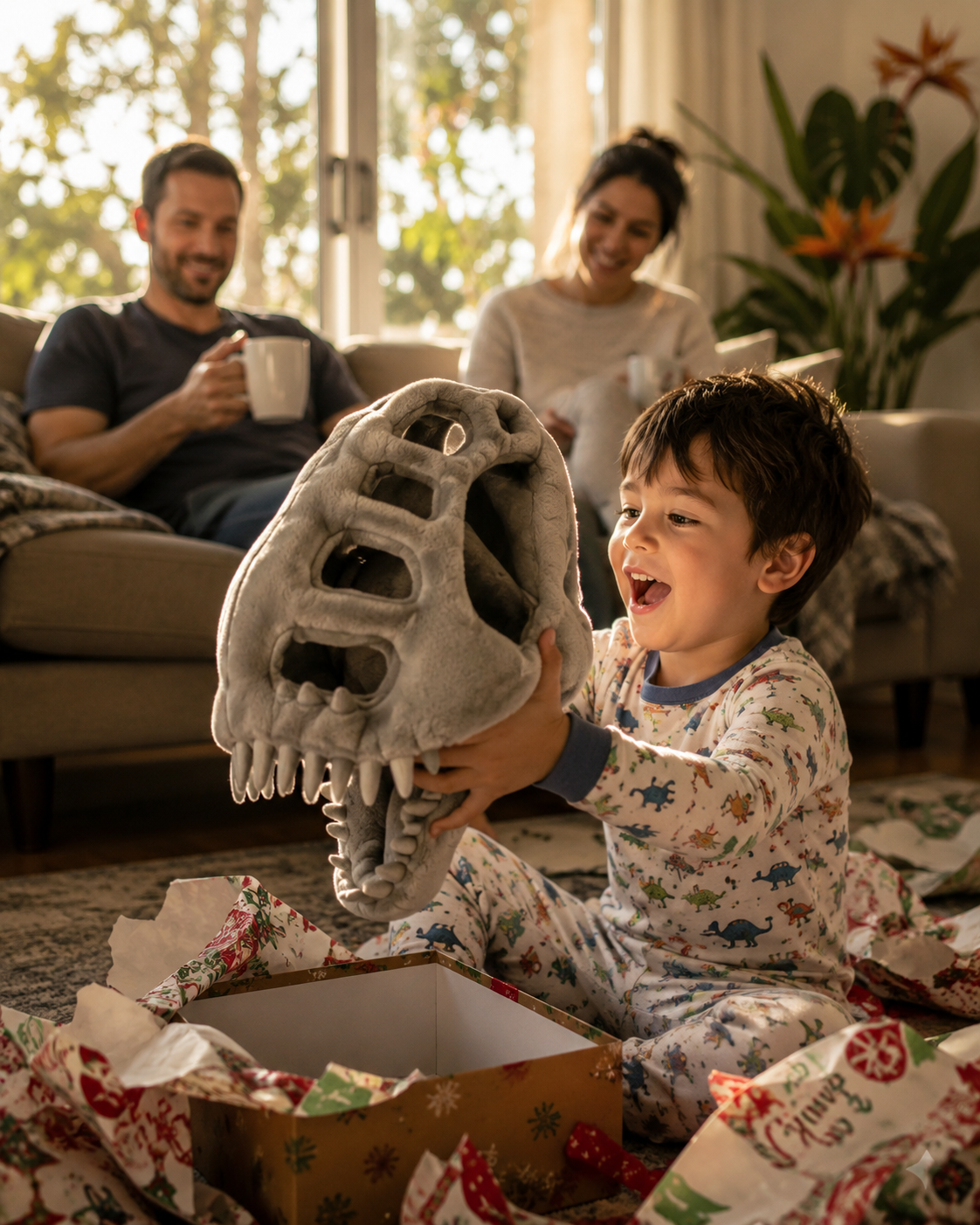 Kid opening DinoRoar Christmas gift with parents