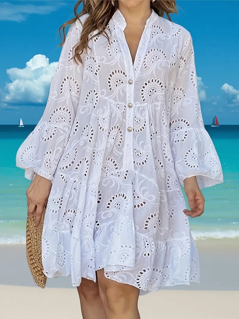 Elegant Women's Black V-Neck Shirt Dress with Embroidered Pearl Buttons and Flared Sleeves - Lightweight