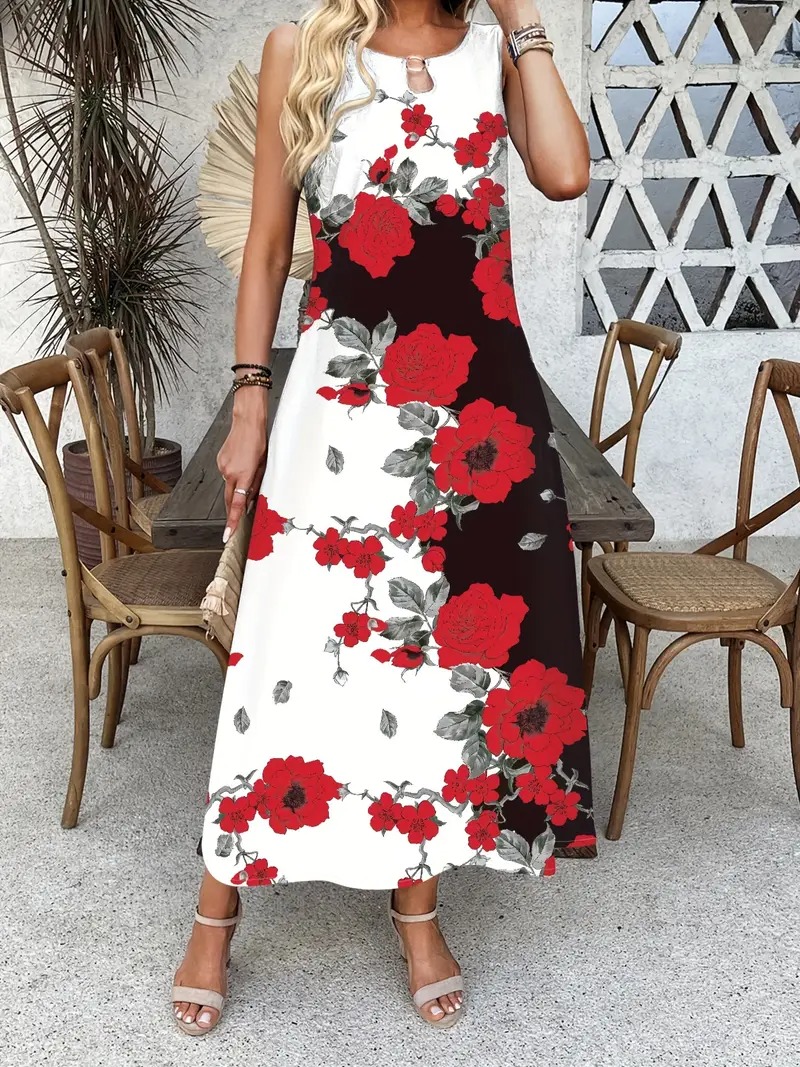 Summer Long Floral Print Pocket Waist Dress