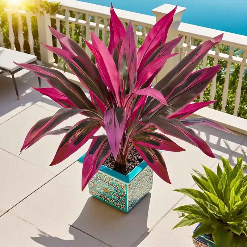 2pcs Large Realistic Artificial Boston Fern & Dragon's Blood Tree Plants with Vibrant Pink/Purple Leaves - Heavy-Duty Durable Plastic /Outdoor Fake Suitable for Garden, Patio, Wedding, Balcony, for all-Season Holiday Decor (No Maintenance)
