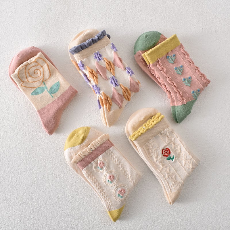 5 pairs of women's pink floral cotton socks