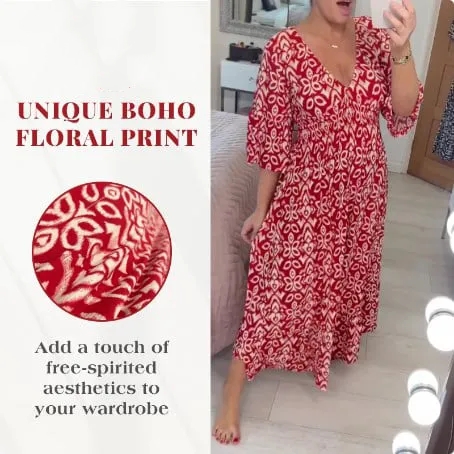 🔥Bohemian casual print V-neck waist wrap long dress