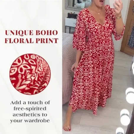 🔥Bohemian casual print V-neck waist wrap long dress