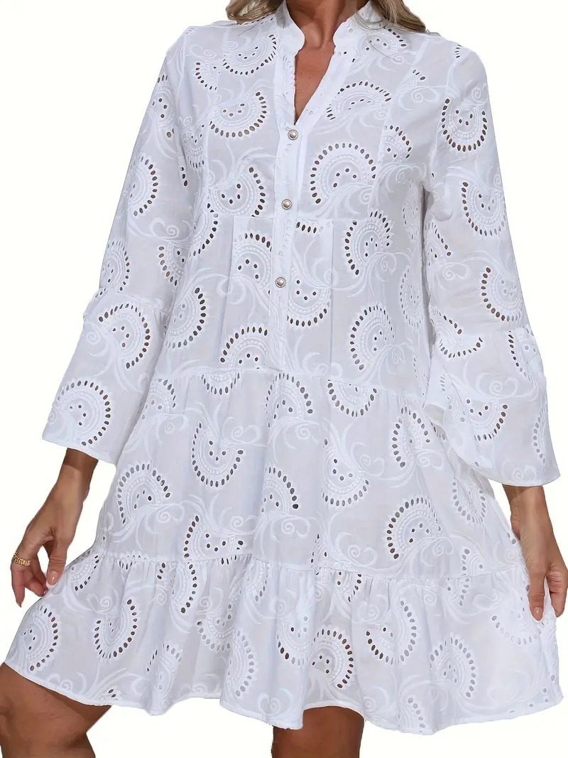 Elegant Women's Black V-Neck Shirt Dress with Embroidered Pearl Buttons and Flared Sleeves - Lightweight