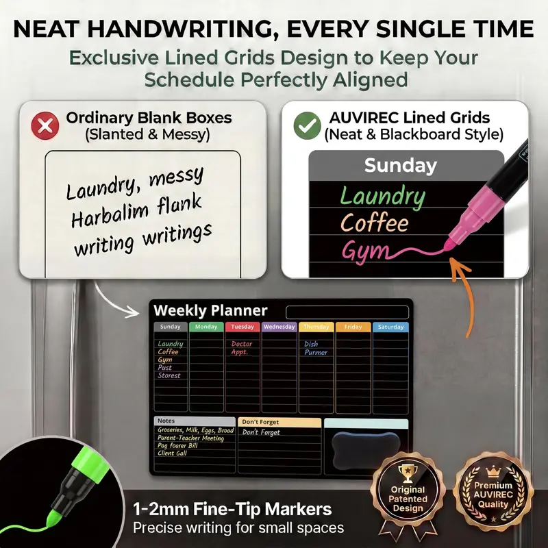 AUVIREC Magnetic Planner Set for Fridge 🧲 – 3-Pack (17"x12") Monthly, Weekly & Daily Boards 📅 – Dry Erase + 8 Neon Markers ✨