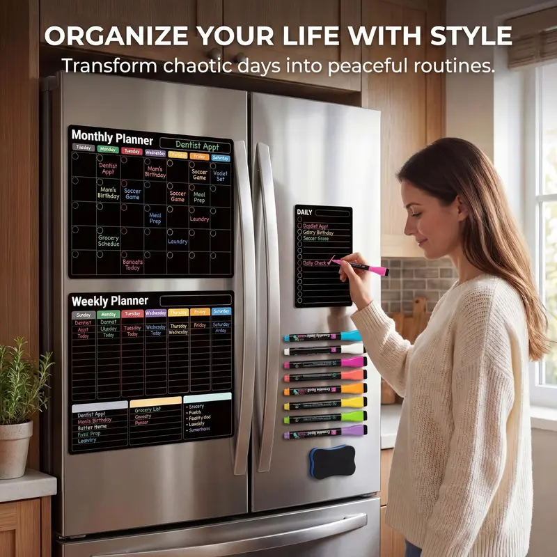 AUVIREC Magnetic Planner Set for Fridge 🧲 – 3-Pack (17"x12") Monthly, Weekly & Daily Boards 📅 – Dry Erase + 8 Neon Markers ✨